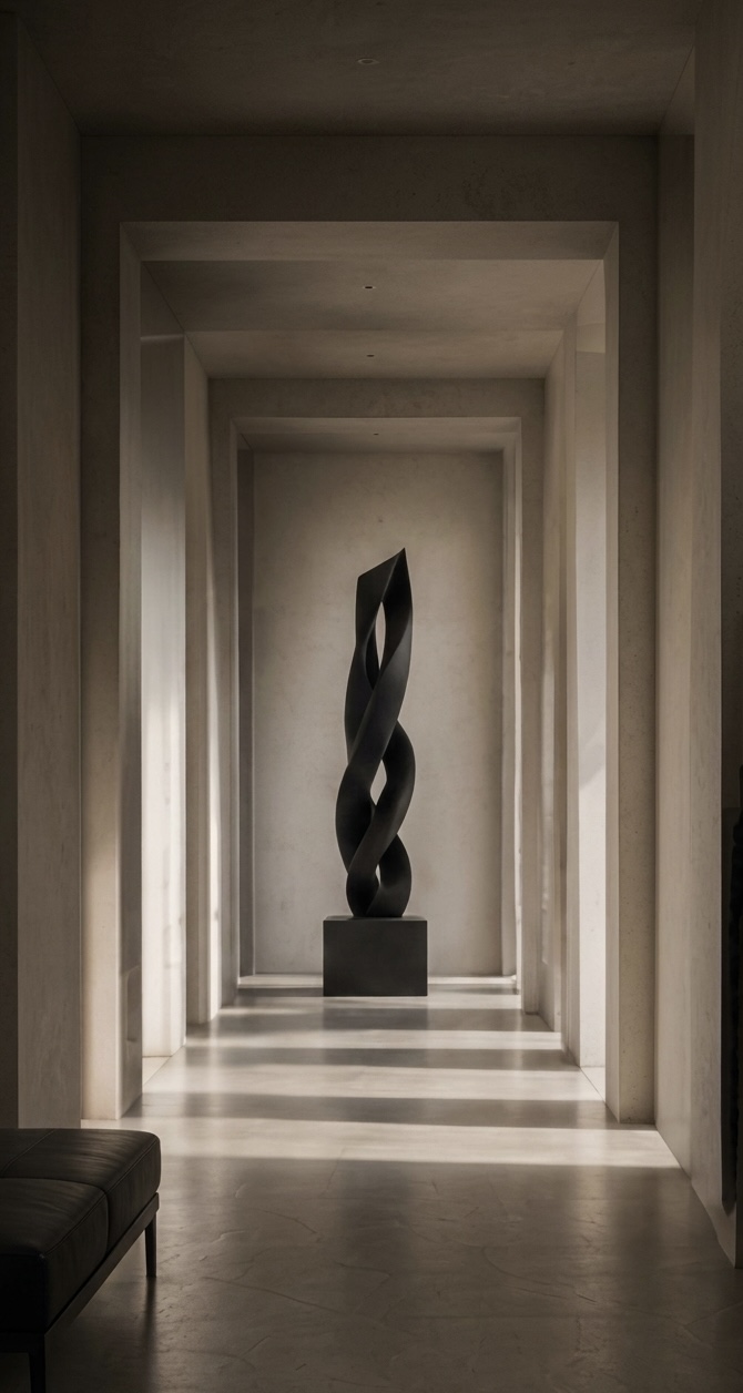Intérieur épuré, sculpture contemporaine — Beau Rivage Finance, Lausanne