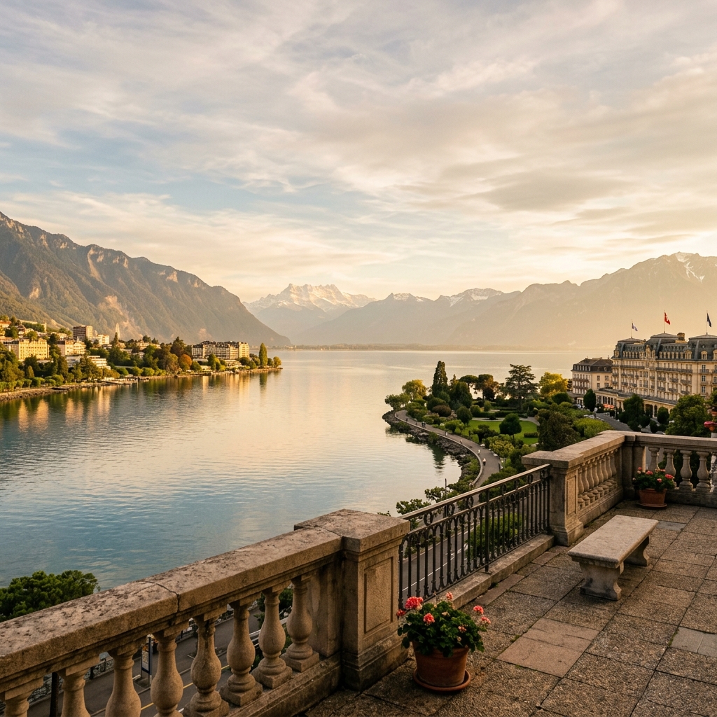 Vue au coucher du soleil sur le lac Léman et les Alpes depuis une terrasse à balustrade