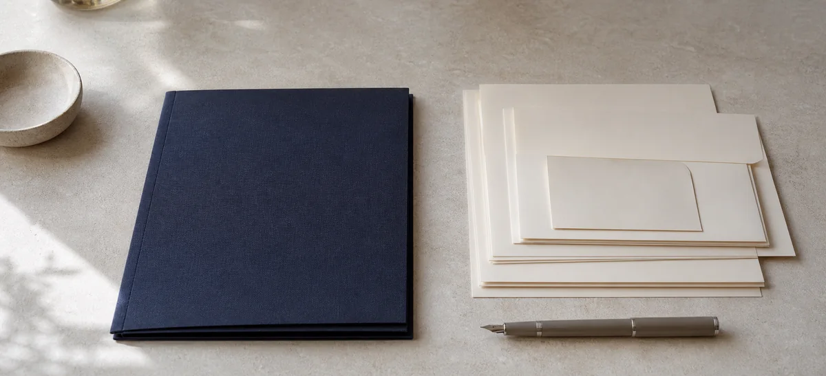 Dossier marine, correspondance et stylo soigneusement disposés sur une table claire