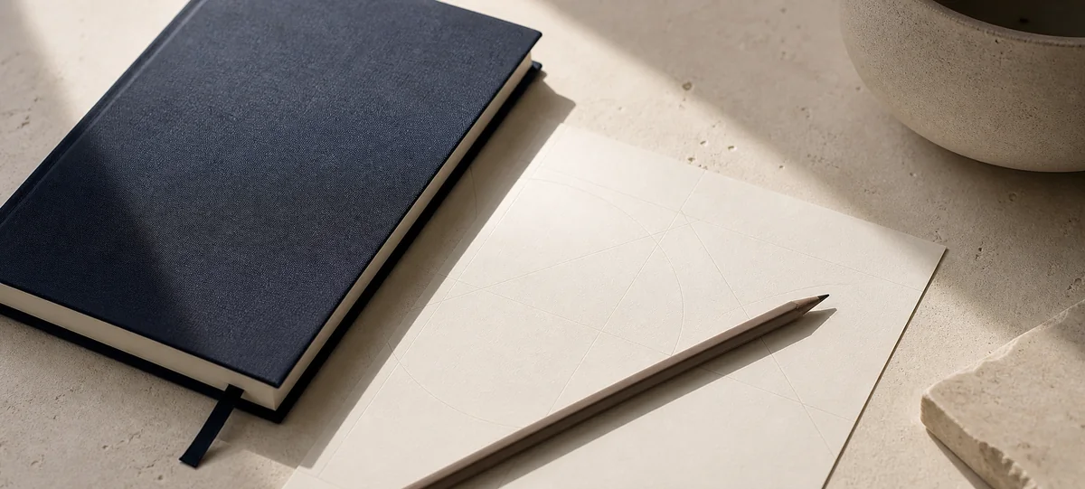 Carnet marine, feuille de planification et crayon sur une table en pierre claire